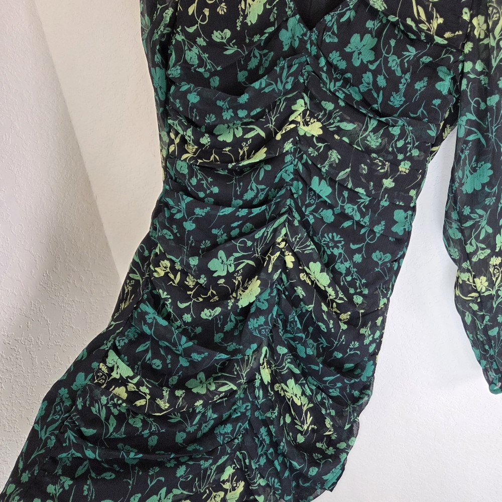 A New Day Green Floral Ruched Mesh Bodycon Mini Dress Size Medium - Picture 5 of 15